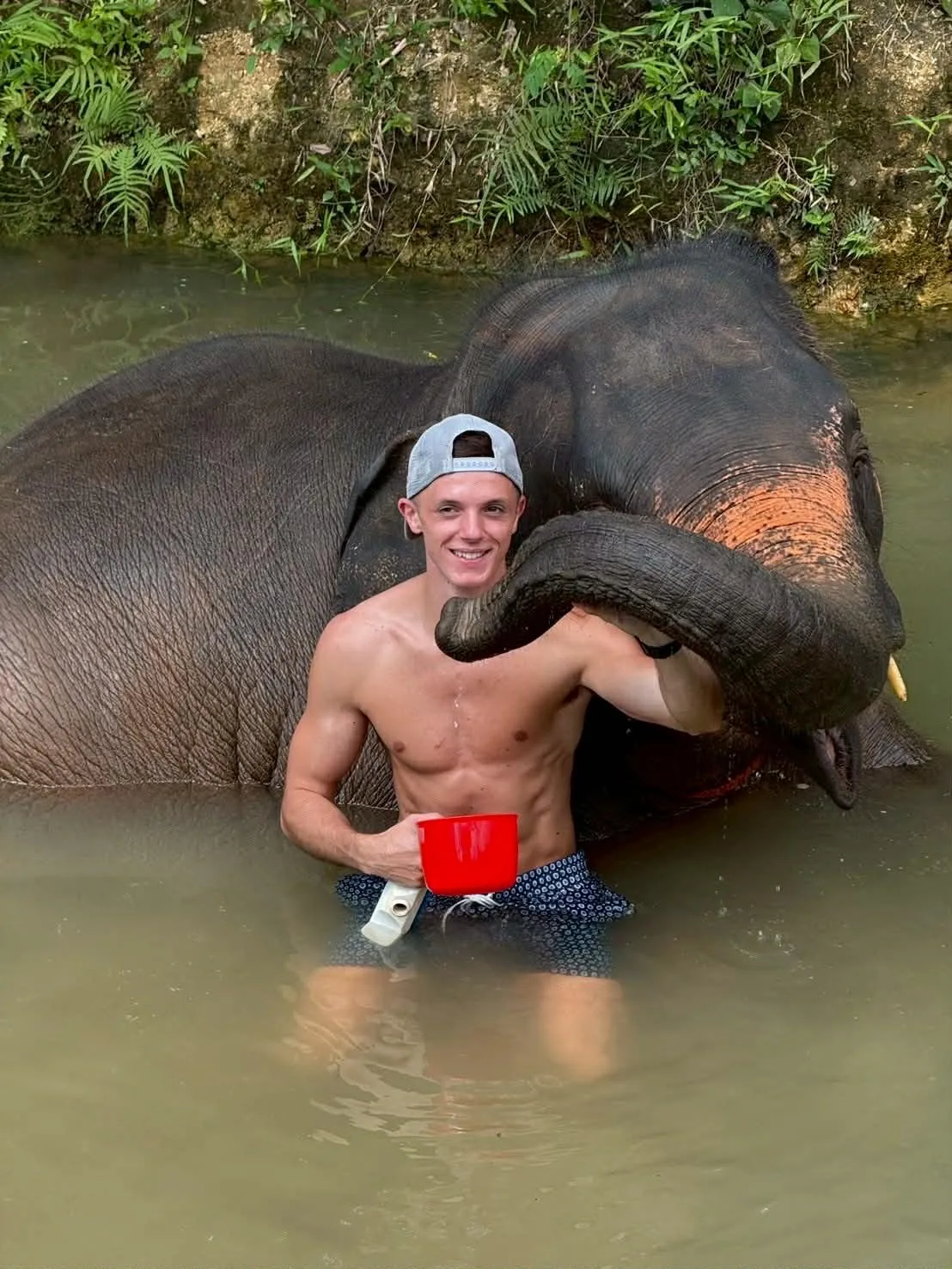 คู่รักอาบน้ำช้างริมลำธารวิวภูเขา